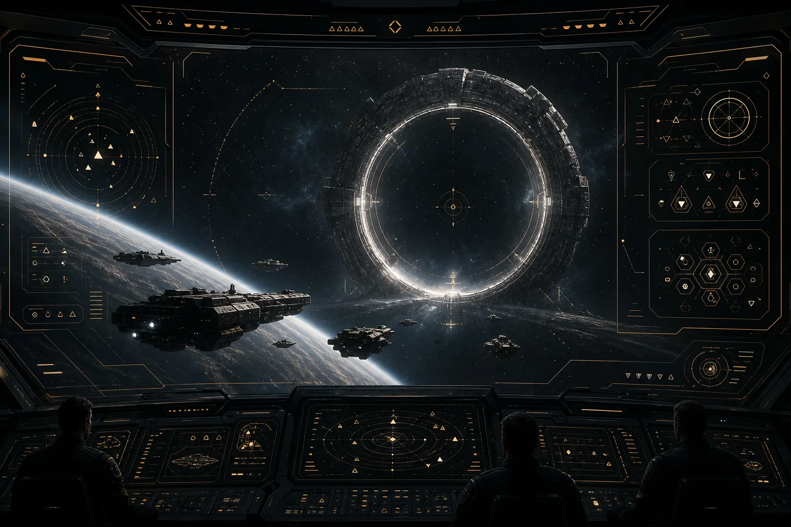 Key art: frota em silhueta aproxima-se de um anel-portal colossal, vista de um deck de comando com sobreposições táticas âmbar
