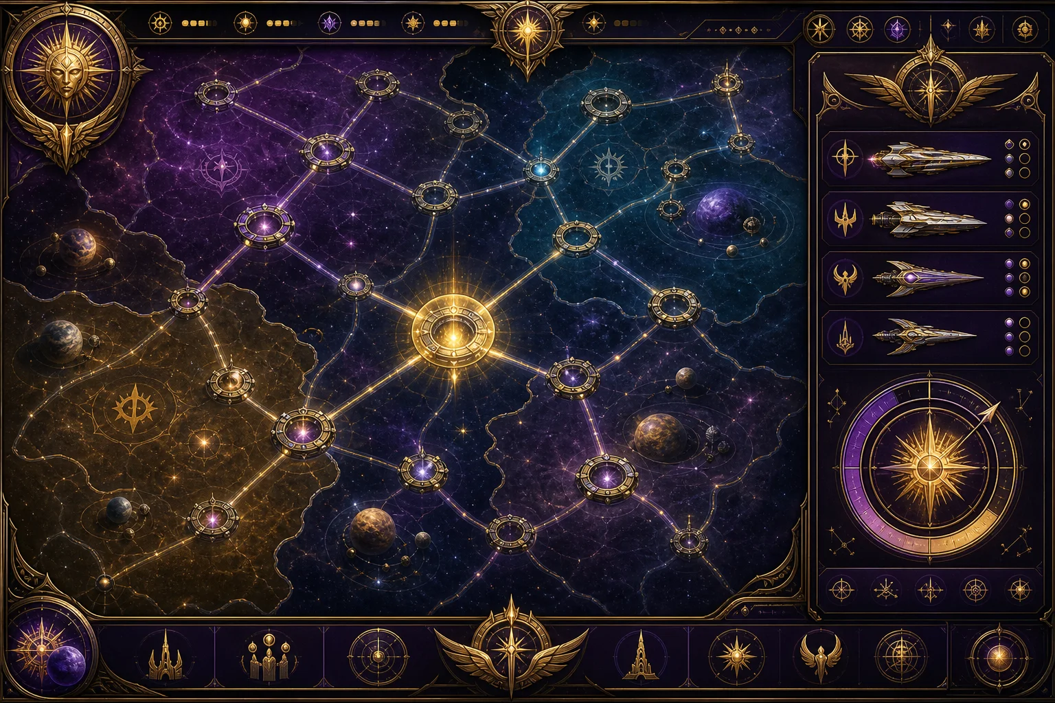 Direção C: Império Ornamentado — dourado e púrpura teocrático com molduras ornamentadas