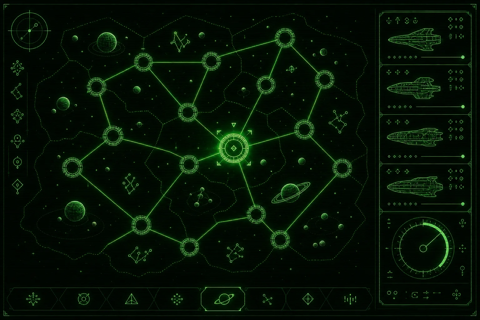 Direção D: Terminal Neo-Retro — wireframe monocromático verde-fósforo sobre negro