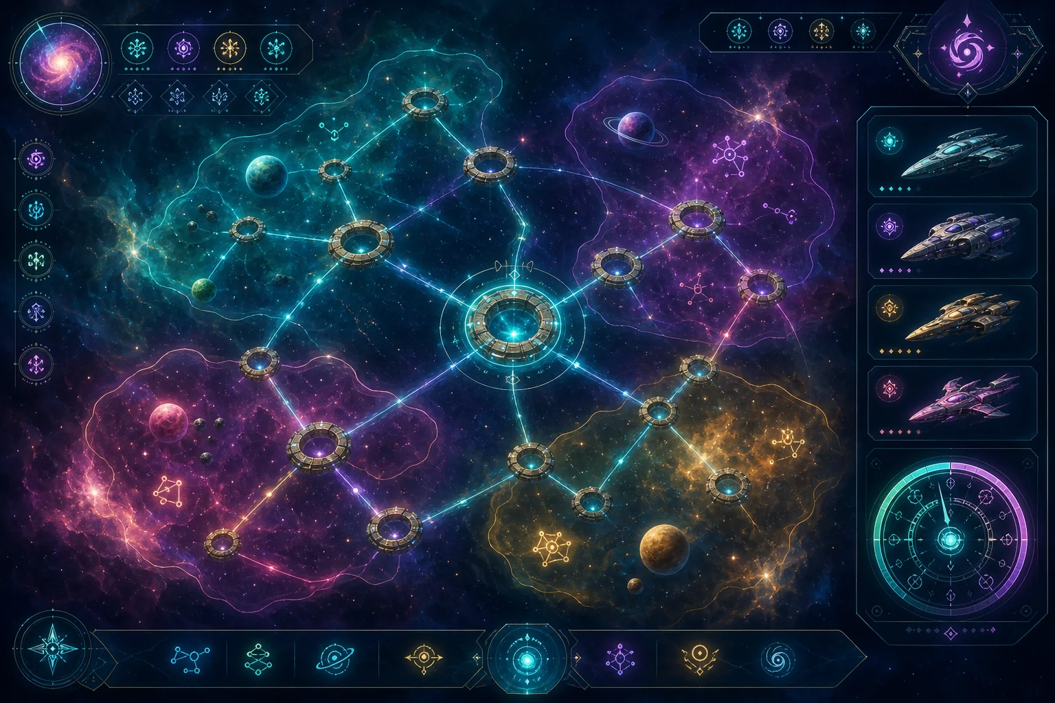 Direção E: Nebulosa Pictórica — pintura luminosa de nebulosas em teal e magenta com painéis de vidro